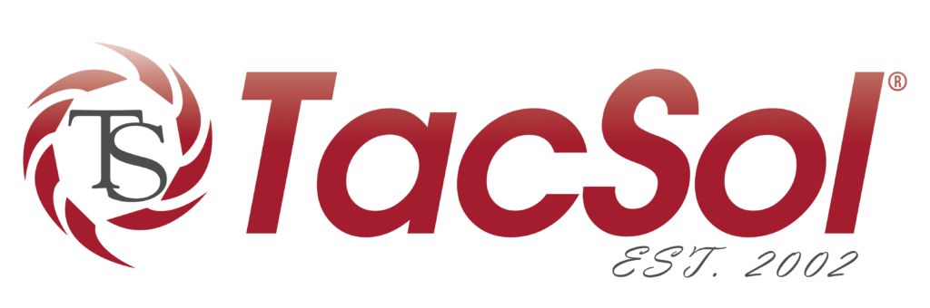 The classic TacSol logo. Red and grey. Established in 2002.