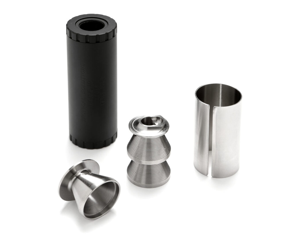 Product image of the AERIS Premium Rimfire Suppressor and it's components.