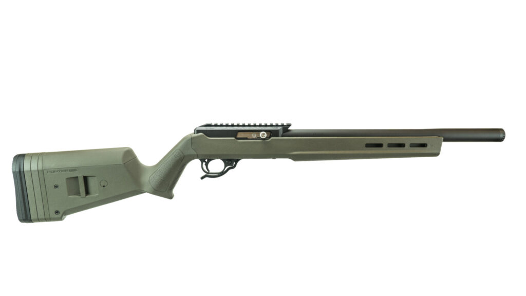 Product image of the right side of the MATTE BLACK INTEGRALLY SUPPRESSED X-RING RIFLE / HUNTER STOCK / OLIVE DRAB
