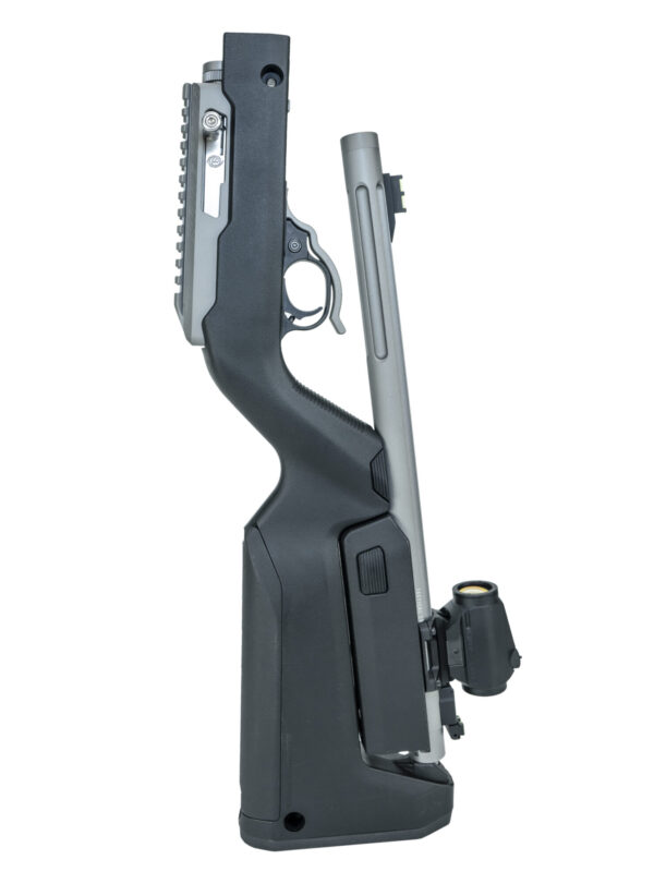 Product image of the collapsed GUN METAL GRAY X-RING TAKEDOWN RIFLE w/ OPTIC / BACKPACKER STOCK / BLACK